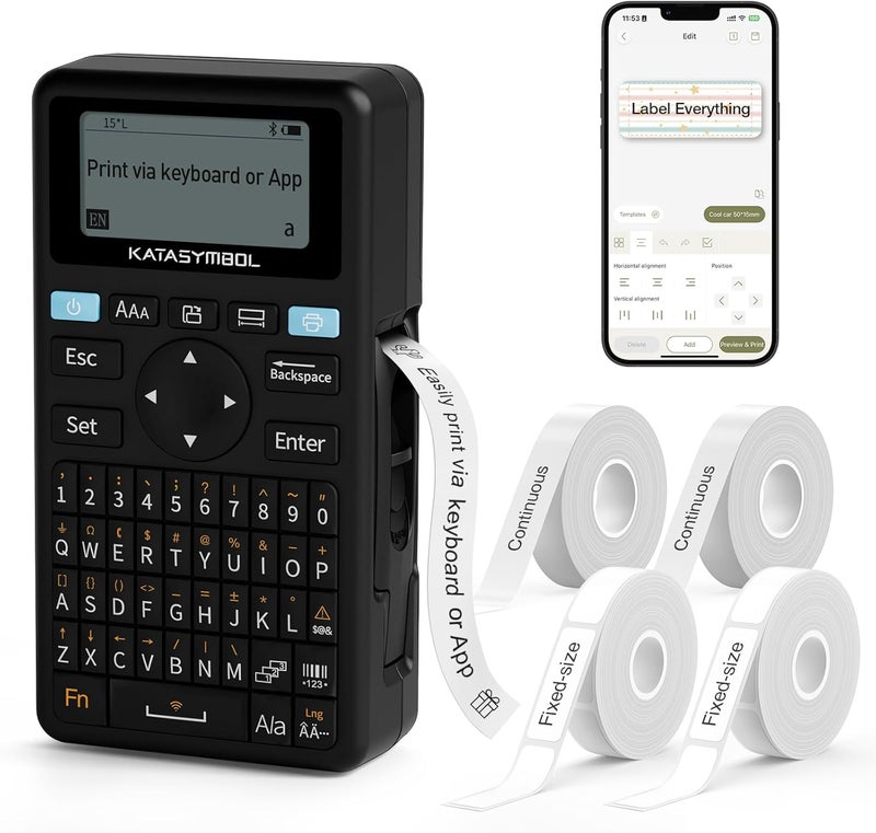 SUPVAN E11 Bluetooth Label Maker Machine with 4 Tapes, Support Keyboard & App with 40 Fonts and 650+ Icons, Rechargeable Inkless Labeler for Home, Kitchen, Office, School, Organization, Black - Image 1